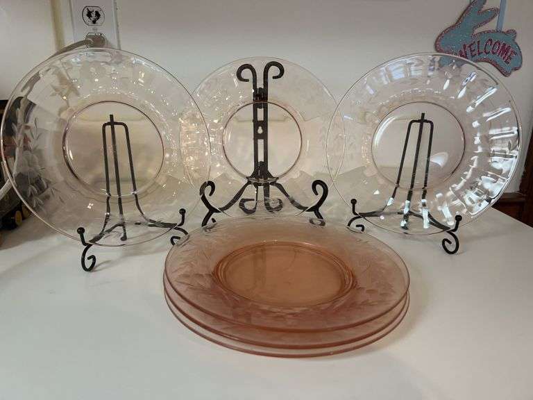 Set of (6) Etched Pink Depression Salad Plates…..8-3/8”…..stands not included image