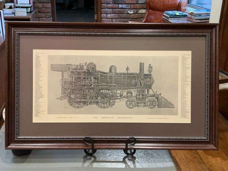 Framed vintage print titled "The American Locomotive," which is an educational chart detailing the internal components of a steam engine…..Educational Chart No. 2…..32-1/4 x 19-1/4 image