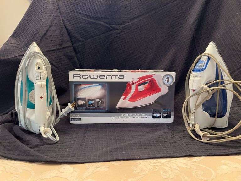 Grouping of (3) Rowenta steam irons……Rowenta Power Glide, Rowenta with Accessteam Cord Reel and Rowenta Effective Comfort image