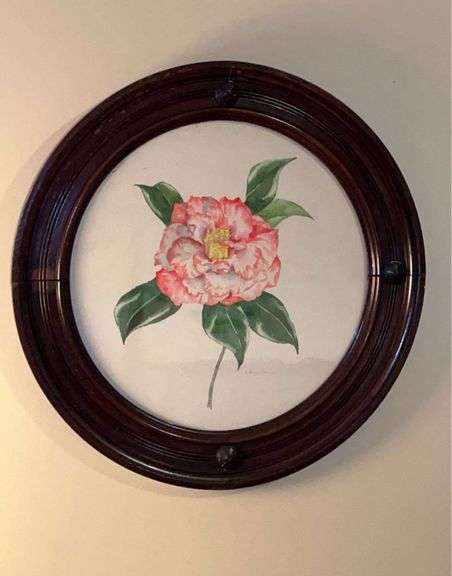 Vintage mahogany framed floral print by V. Hamilton…..18”D…..missing left side medallion on frame image