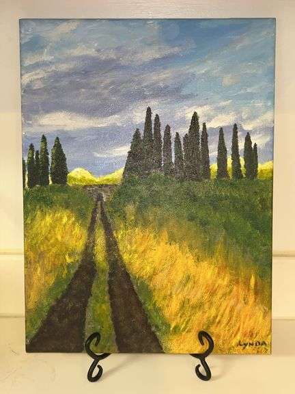 Wrapped oil on canvas by LYNDA depicting country road, tunnel and cedar trees…..12 x 16…..stand not included…..no authenticity as to this being an original image