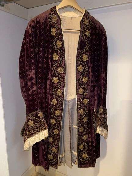 Reproduction 18th century European men's frock coat in maroon silk velvet with gold metallic trim….from H. Reuter….marked 170…..shows wear image