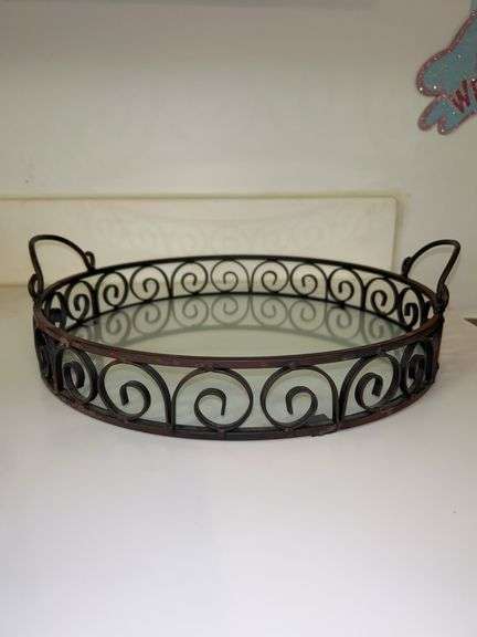 Vintage 12” wrought iron tray with glass insert…..would be great for pies or cakes as well image