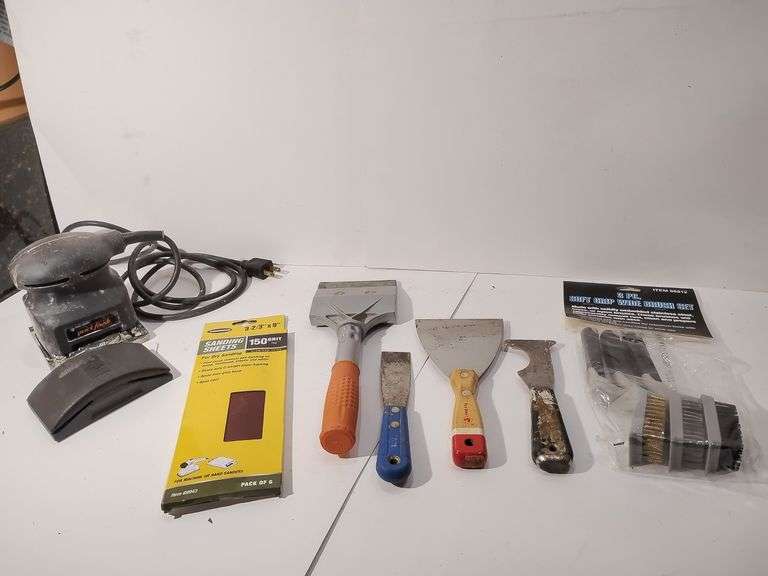 Electric Palm Sander, Hand Sander, 6 Pack Sander Sheets, 4 Scrapers/Putty Knife, 3 pc. Brush Set image