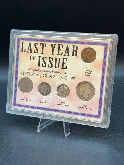 Last Year of Issue - America’s Classic Coins Set…..1958 Lincoln Wheat Penny, 1912 Liberty Nickel, 1916 Barber Dime, 1945 Mercury Dime and 1916 Barber Quarter…..with COA image