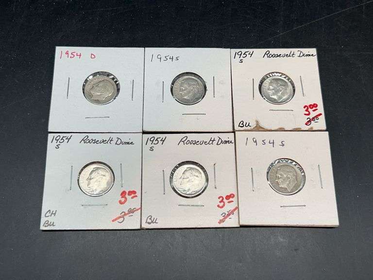 (6) 1954 Silver Roosevelt Dimes…..mint marks D and S image