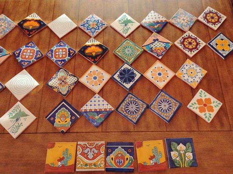 Mexican Tiles, Terra Cotta, Glazed, so many patterns, 4 1/8" x 4 1/8", eventually begin to repeat, 2 boxes, apprx 100 pcs. per box. image