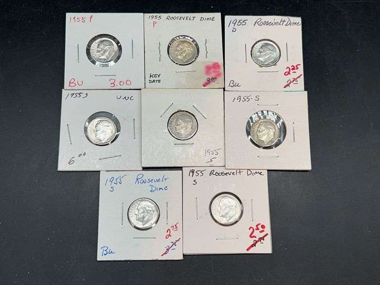 (8) 1955 Silver Roosevelt Dimes…..mint marks P, D and S image