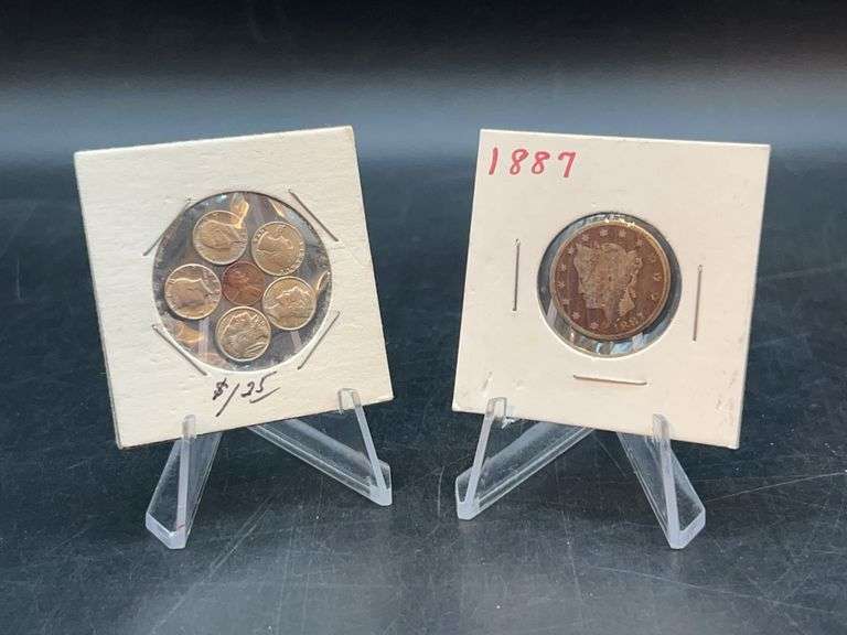 novelty set of "World's Smallest" replica U.S. coins and an 1887 Coronet Head Large Cent (reverse is worn) image