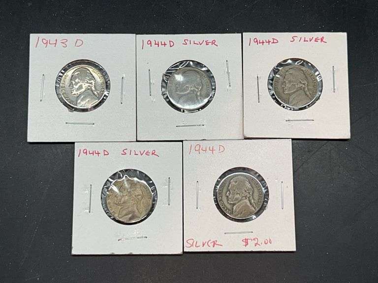 (1) 1943-D and (4) 1944-D 35% Silver War Nickels…..has large D mint mark above dome on reverse image