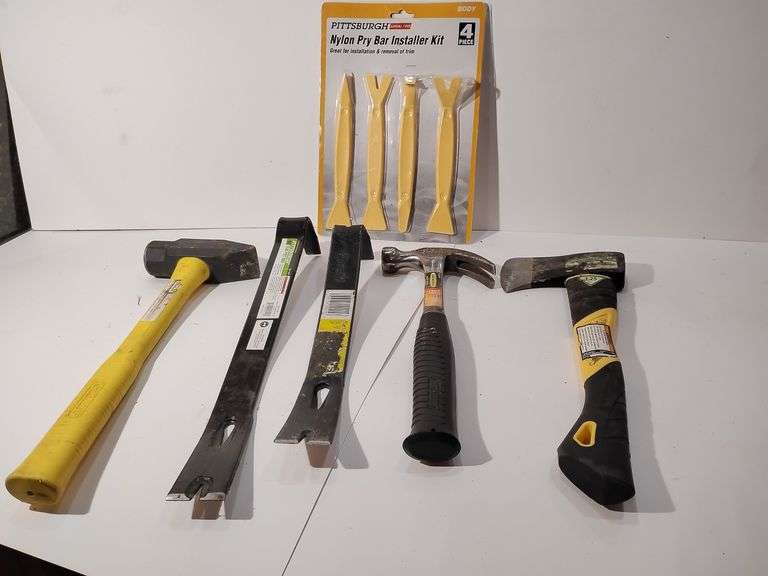 Stanley Blacksmith Hammer 25 lb , Pittsburgh 15":Flat Pry Bar, Stanley 13" Flat Pry Bar, Work Force 16 oz. Hamner, Pittsburgh 1.25 Ax, 4 pc. Nylon Pry Bar Kit image