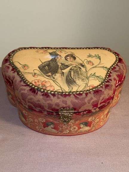 Vintage velvet trimmed jewelry/trinket box with Victorian couple on lid…..10”w x 4” tall image
