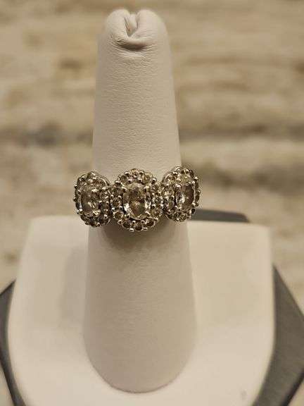 Lady's 14K Gold Ring Set w/Three Oval Halo Diamond Sections Size 6.5 total 7.2 grams w/letter of authenticity & appraisal DIAMONDS TESTED POSITIVE USING DIAMOND SELECTOR II TESTER... image