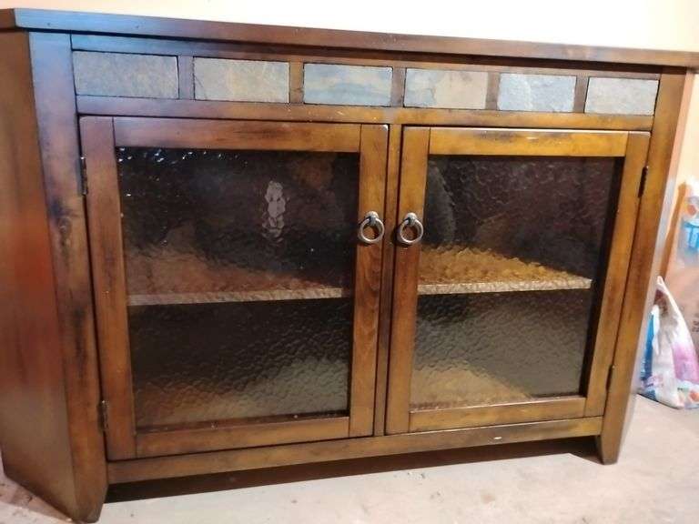 Sunny Designs 3399DC Santa Fe Corner 55" TV Console, New, 32 1/4"T x 55 1/2"L x 20 1/2"D, double front doors, 2 shelves inside, decorative slate stone accents on front, distressed birch solids veneers. Original retail value $920.00. image