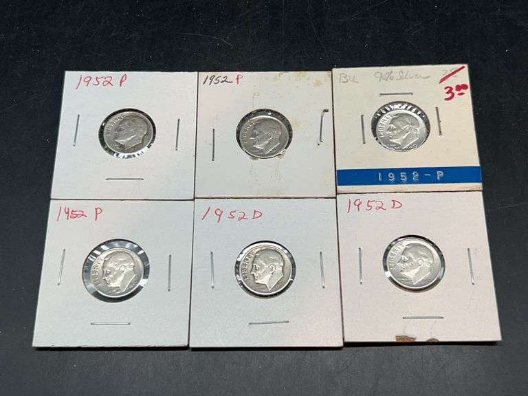 (6) 1952 Silver Roosevelt Dimes…..mint marks P and D image