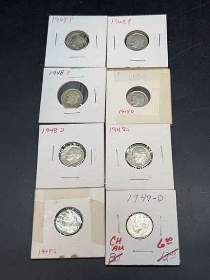 (7) 1948 and (1) 1949-D Roosevelt Silver Dimes…..1948 mint marks are P, D and S image