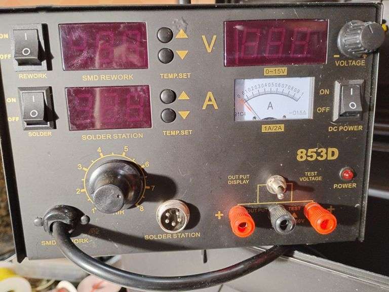 853D Soldering/Hot Air Gun 3 n 1 Rework Station built in DC power supply Yhiua or Zeny in case with various supplies, heat shrink tubing, Bntechgo Silicone Wire image