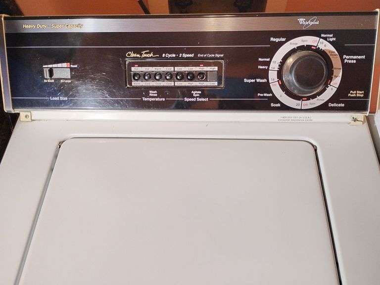 Whirlpool Heavy Duty Super Capacity Clean Touch 8 cycle, 2 speed washer. Used, older,works, just ran a load, can lift lid while filling. Some chipping and rusting on bottom side of lid. Some plastic covering over selector buttons missing. Model No. LSC8245AW0 image