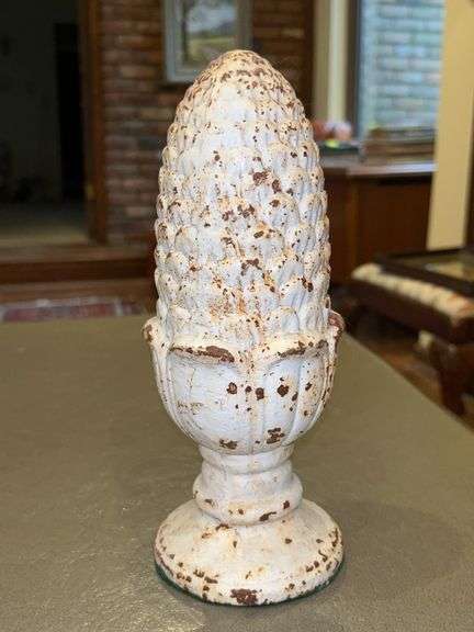 White Distressed Cast Iron Pine Cone Architectural Finial…..9-1/2” tall…..very heavy (approx. 9lbs)…..for indoor or outdoor use image