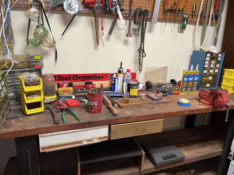 Contents of shop table….nails, screws and more…..MUST TAKE ALL AND BUYER MUST ALLOW AMPLE TIME FOR REMOVAL TO BE COMPLETE BY END OF PICKUP AT 5:00 image