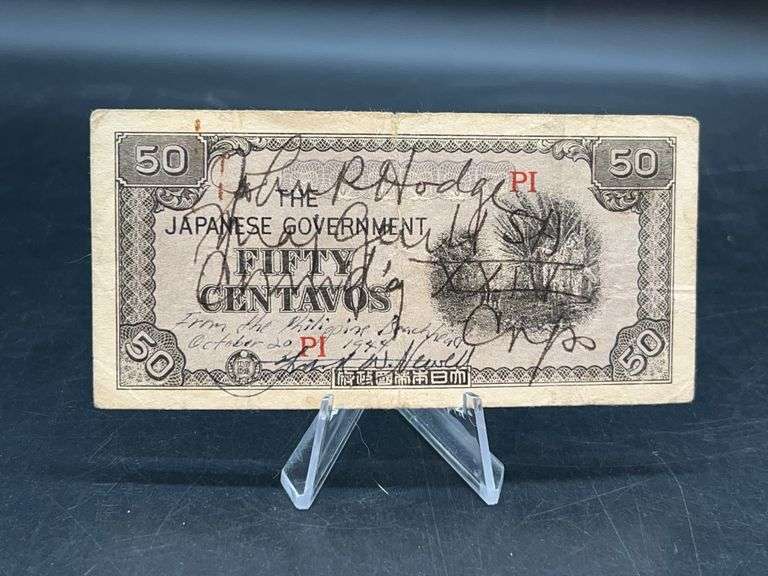 Grouping of (3) paper money bills…..please see description for each….these bills represent the last printing of the Japanese Fifty-Cent Bill and the first printing of the Philippines One Peso - the liberation currency of the Philippines…..there is writing on 2 of them image