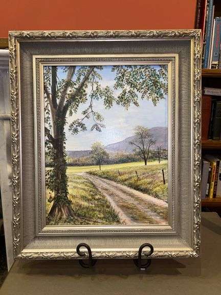 Beautifully framed and Signed (Morrow) oil on canvas print depicting serene long country driveway with mountains in background…..20-1/4 x 24-1/4 image