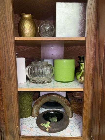 Contents of corner and right side pantry cabinets…..unique vases, vases in all styles, colors and sizes….home decor and more….possibly chipping on some, not all were checked image