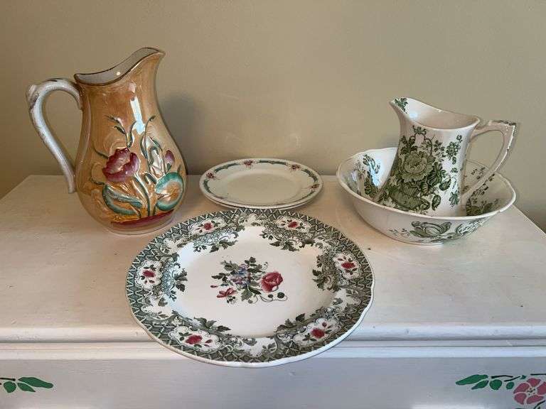 Various pieces of China/porcelain…..pitcher on left is unmarked, (2) small dessert plates are by Clifton, front plate is Spode’s NEW FAYENCE and pitcher/bowl are by Alfred Meakin (there are chips/cracks) image