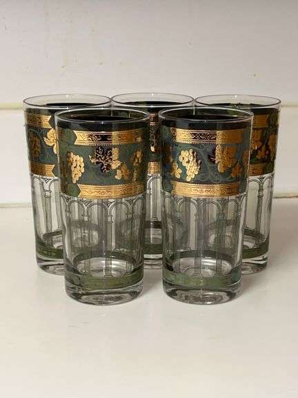 Set of (5) Vintage Mid Century Modern Cera Glass Gold & Green Grape Highball Tumbler Glass image