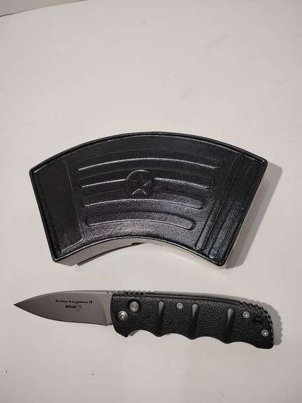 .BOKER PLUS AUTOMAT KALASHNIKOV 74,  01KALS75B, automatic knife, black, drop point, button lock, length 7.56", BEAD BLAST FINISH blade with box, like new. Inspired by the AK47. image