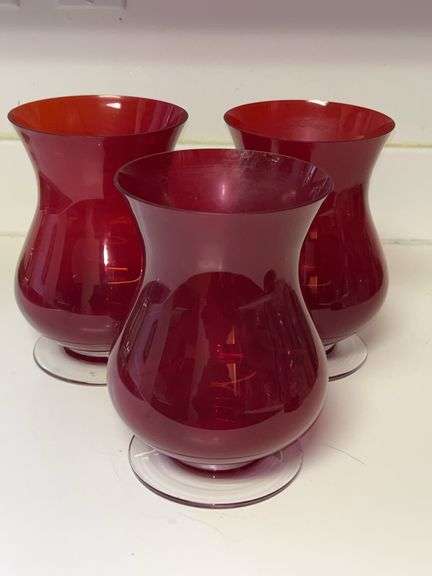 Set of (3) Large Vintage Footed Ruby Red Hurricane Candle Lamp…..8” tall image