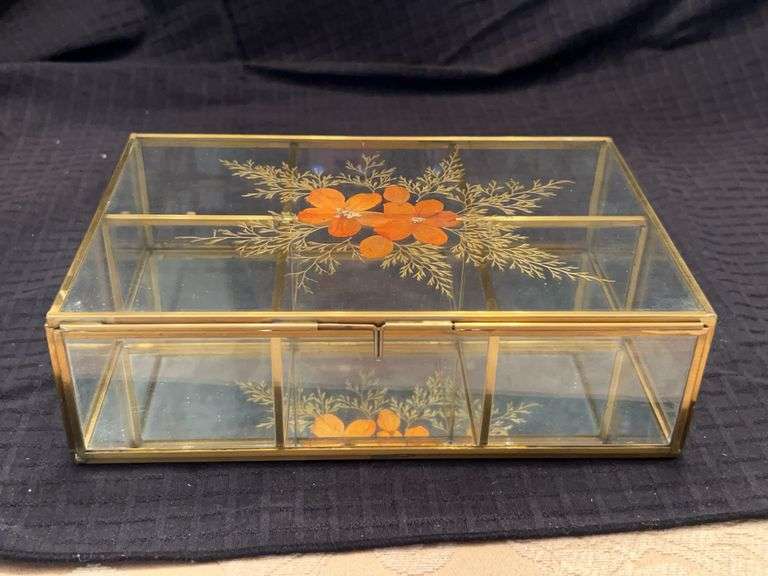 Vintage Glass and Brass Pressed Flower Tea Storage Box with mirrored bottom…..9 x 6-1/4 x 2-3/4 tall image