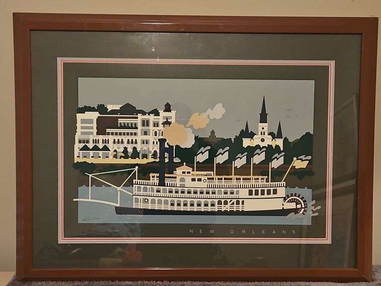 Beautiful Framed & Matted 39.5x29.5" Limited Edition Serigraph "New Orleans Riverboat" by Noted Artist Patti Harris Googe Signed & Numbered 1204/5000 NO PAPERWORK... image