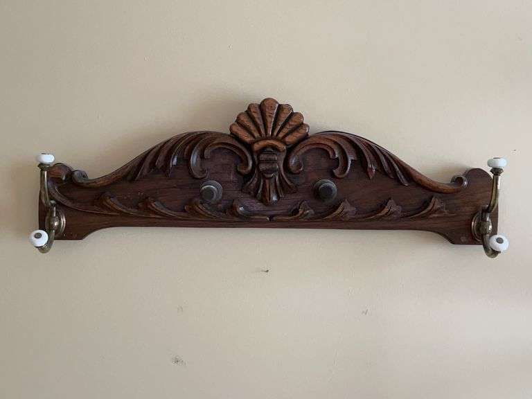 Very nice carved wall towel/other rack with vintage hooks on each end….. 26-1/2 x 7-1/2 tall image