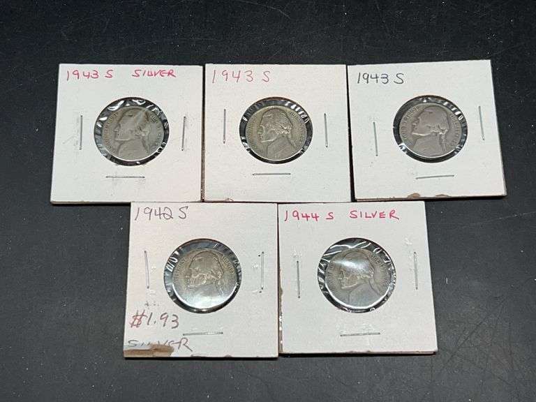 (1) 1942-S, (3) 1943-S and (1) 1944-S 35% Silver War Nickels…..has large S mint mark above dome on reverse image
