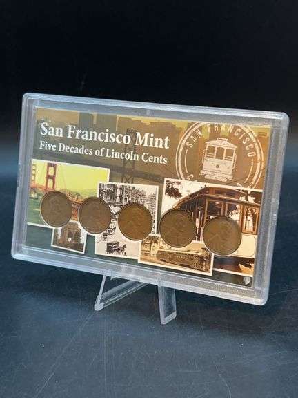 San Francisco Mint - Five Decades of Lincoln Cents - pennies are not dated within timeframe listed on case - 1919-S, 1928-S, 1936-S, 1946-S and 1950-S image