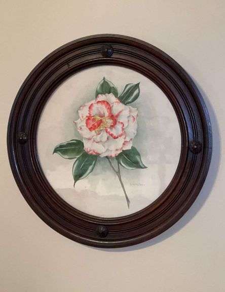 Vintage mahogany framed floral print by V. Hamilton…..18”D image