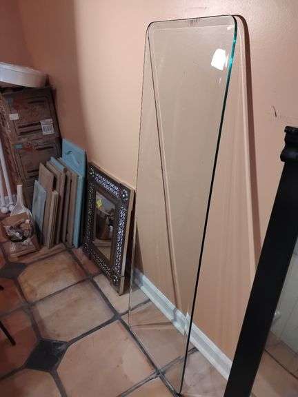 Glass Only Long Rectangle with slight beveled edge 1/4" thick, 55 1/2" x 18". Other items not included. Heavy. BUYER IS RESPONSIBLE FOR REMOVAL. image