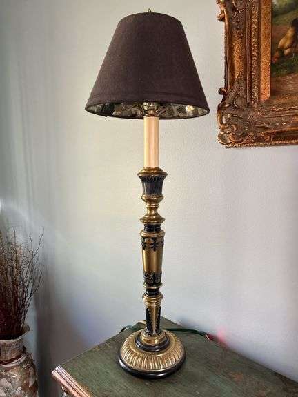 Beautifully designed gold and black candlestick lamp with brown cloth shade….28-1/4 tall image
