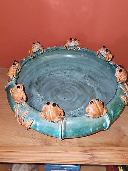 Vintage Majolica frog and bamboo ceramic bowl with crackle finish. 12x6 in tall including top of frog's head. image