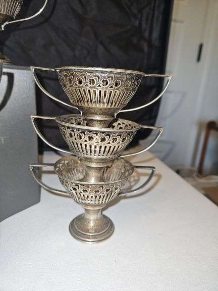 Set of six(6) vintage sterling dessert cup holders w/three etched glass cups 245.6 total grams...