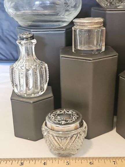 Collection of vintage glass containers w/Sterling lids or rims...