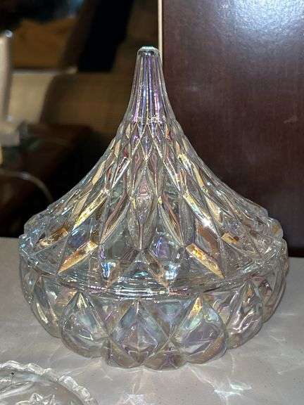 Great selection of pressed glass, clear glass and crystal home decor pieces…..s/p shakers are Lenox…..lidded trinket is Lenox-like but not marked