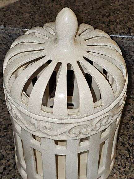 Decorative crackle finish bird cage? Candle holder? 7-in diameter x-13.25 in tall.