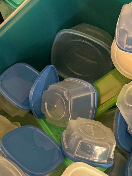 Tote full of plastic storage bowls