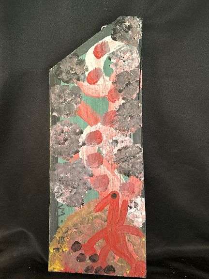 Original signed Mose T red Tiko bird under blossoming tree Folk Art with signature soda can tab hanger…..6 x 16 image