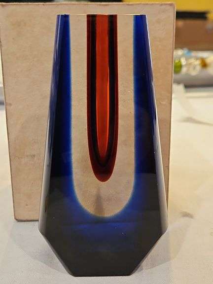 Very unique 5" heavy glass vase w/cobalt blue outside and red core, designed by Pavel Hlava for Egermann...