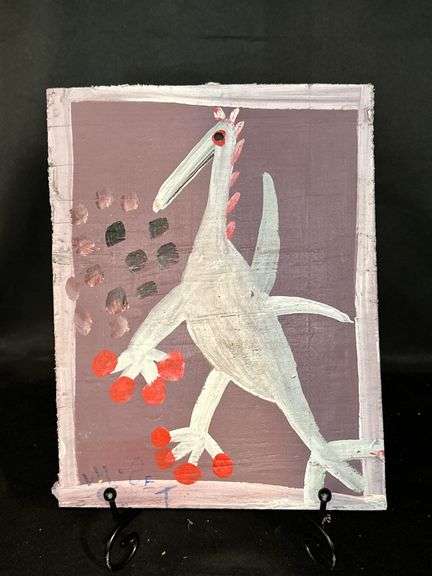 Original signed Mose T white Tico bird with bright red toes Folk Art with signature soda can tab hanger…..8 x 10-1/4