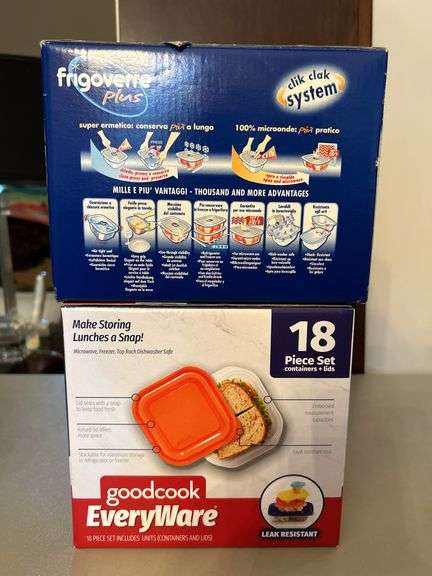 (2) NIB sets…..GoodCook EveryWare 18-pc food storage set and Frigoverre Plus Clik Clak System food storage set
