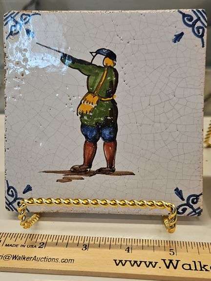 Two(2) Vintage ceramic Delft Dutch 19th century polychrome tiles 5" X 5" square x 1/4" thick...
